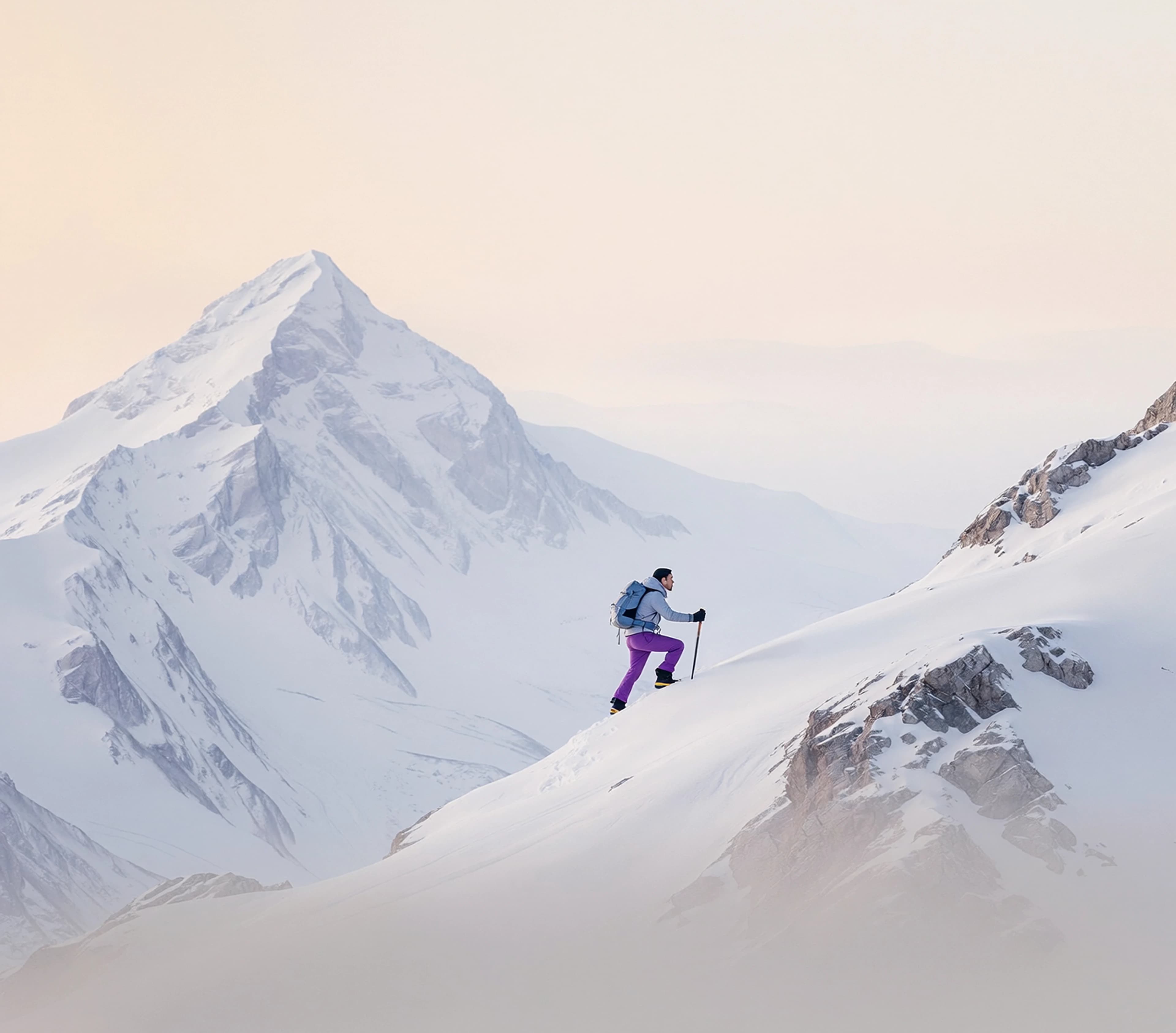A ski tourer climbing a snow slope below an Alpine summit at dawn
